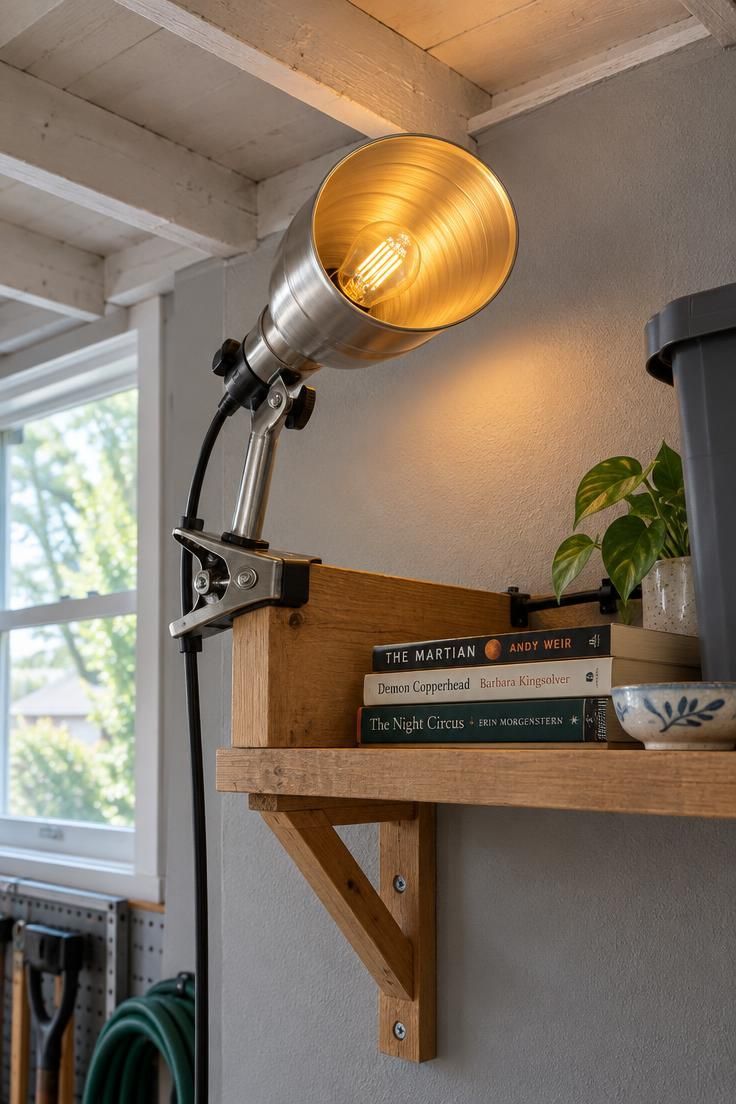 A clamp light attached to a wooden shelf bracket in a garage, angled up toward exposed ceiling joists with a warm LED bulb glowing over a shelf of books and a ceramic dish.
