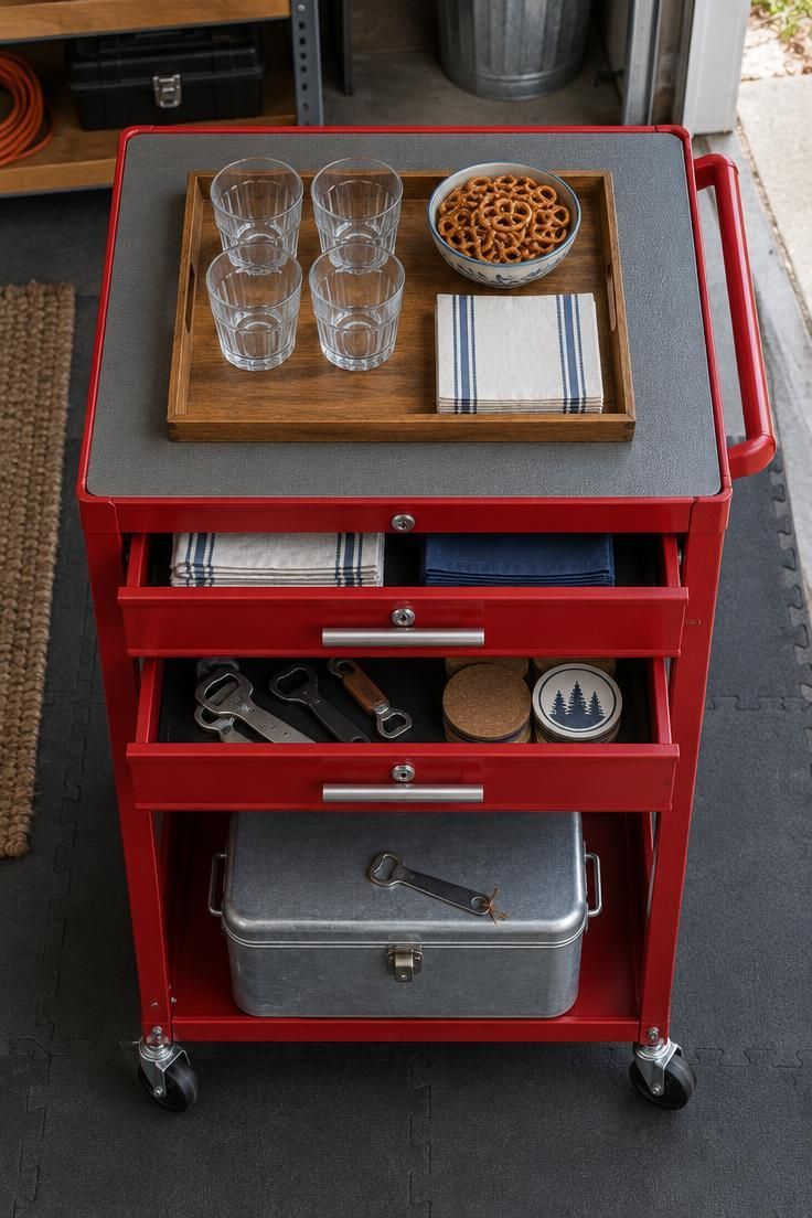 An overhead view of a red rolling tool cart used as a snack station, with a wooden tray of glasses on a vinyl-lined top, a cooler on the bottom shelf, and open drawers holding napkins and bottle openers.