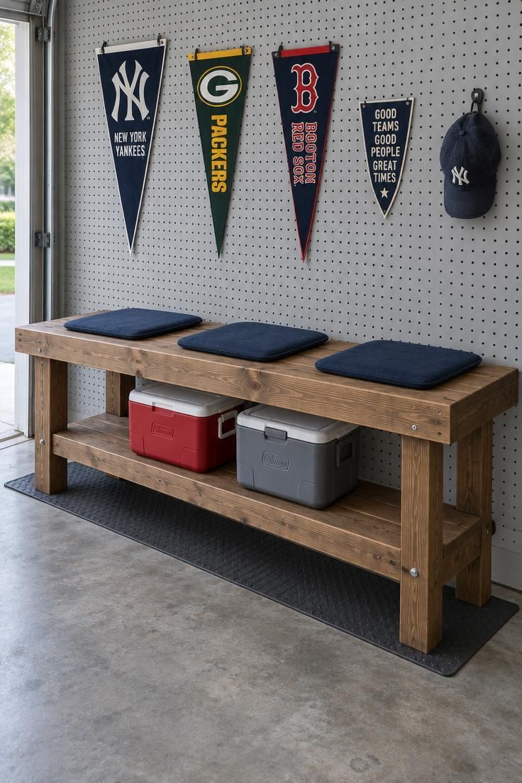 A long wooden bench made from two horizontal planks with navy chair pads on the seat, small coolers on the lower plank, and a pegboard wall with pennants behind it in a garage.