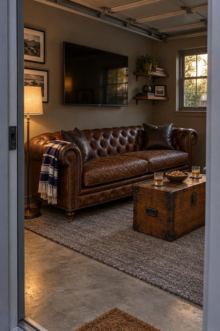 A brown leather Chesterfield sofa facing a wall-mounted television in a garage, with a striped throw, leather pillows, and a gray rug extending under its front legs.