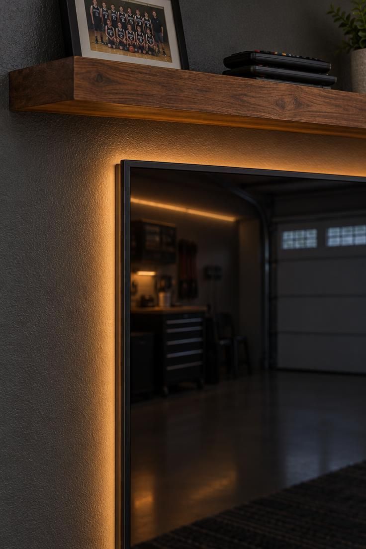 A thin amber LED strip glowing behind a wall-mounted television on a dark gray garage wall, with remotes on a shelf above and a framed team photo nearby.