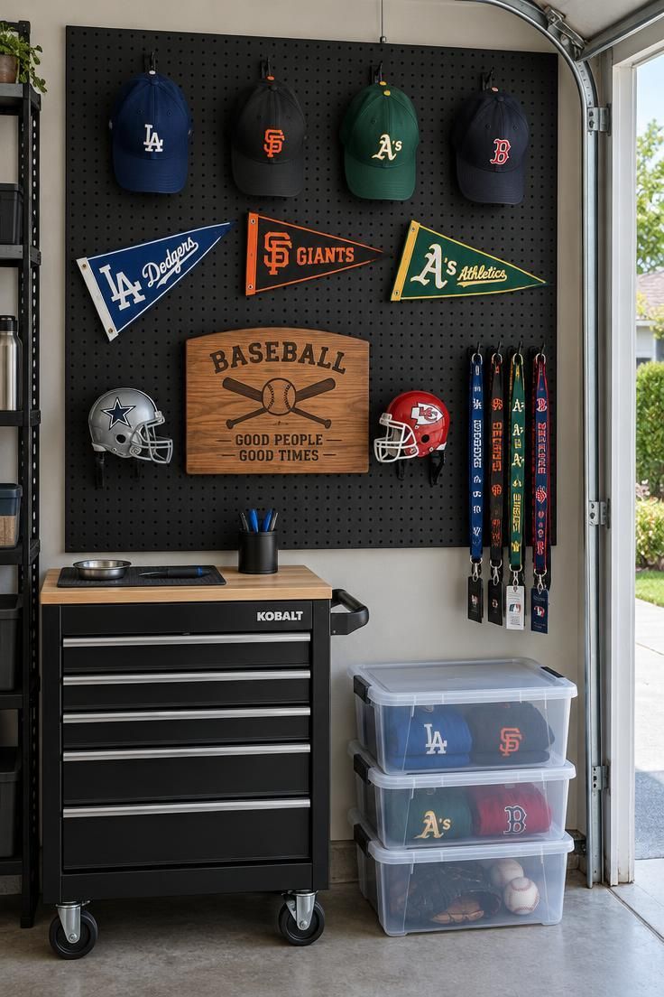 A black-painted pegboard wall in a garage with baseball caps on hooks, small pennants, a wooden sign, and mini helmets arranged above a rolling tool cart and storage bins.