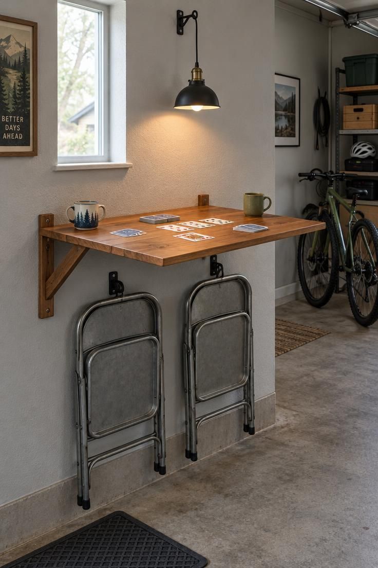 A fold-down wooden table on a pale gray garage wall with a card game on top, two folded metal chairs hung below, and a plug-in pendant lamp above.