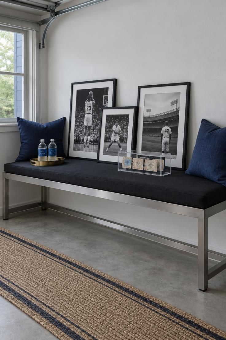 A brushed-steel bench in a garage with a black cushion, navy pillows, three framed sports photographs, and a clear ticket-stub display box leaning against a white wall.