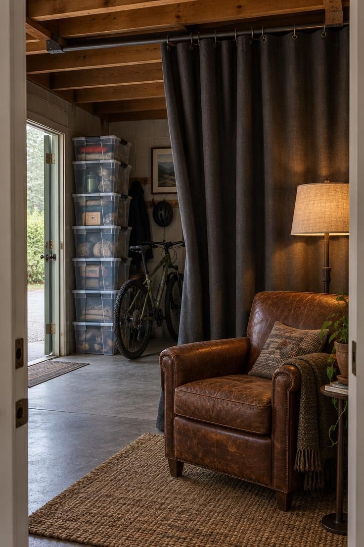 A charcoal-gray curtain hung from ceiling joists in a garage, pulled back to reveal storage bins and a bicycle behind, with a leather armchair and floor lamp in front.