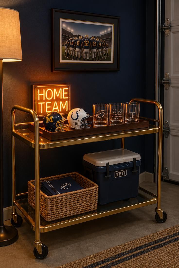 A two-tier brass bar cart in a garage with a small neon-style HOME TEAM sign, two mini football helmets, glasses, and a woven basket on the lower shelf against a navy wall.