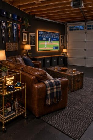 A cozy garage man cave at evening with a brown leather sofa, a charcoal accent wall, a television with a glowing strip behind it, a brass bar cart with a neon-style sign, and a black pegboard wall of caps and pennants.