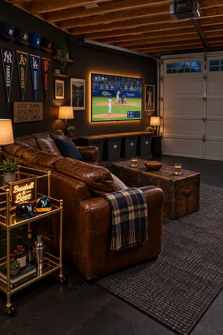 A cozy garage man cave at evening with a brown leather sofa, a charcoal accent wall, a television with a glowing strip behind it, a brass bar cart with a neon-style sign, and a black pegboard wall of caps and pennants.
