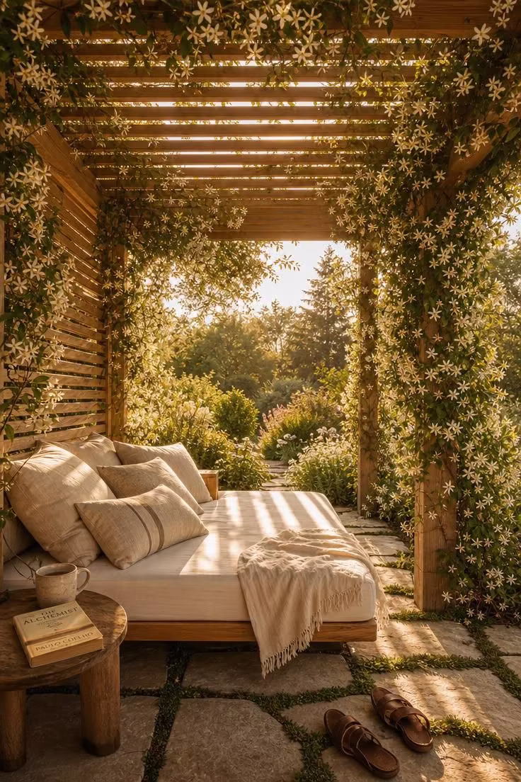 13 Lovely Garden Reading Nook Ideas for Quiet Moments 1 Cedar pergola with jasmine vines and canvas daybed in warm golden afternoon light