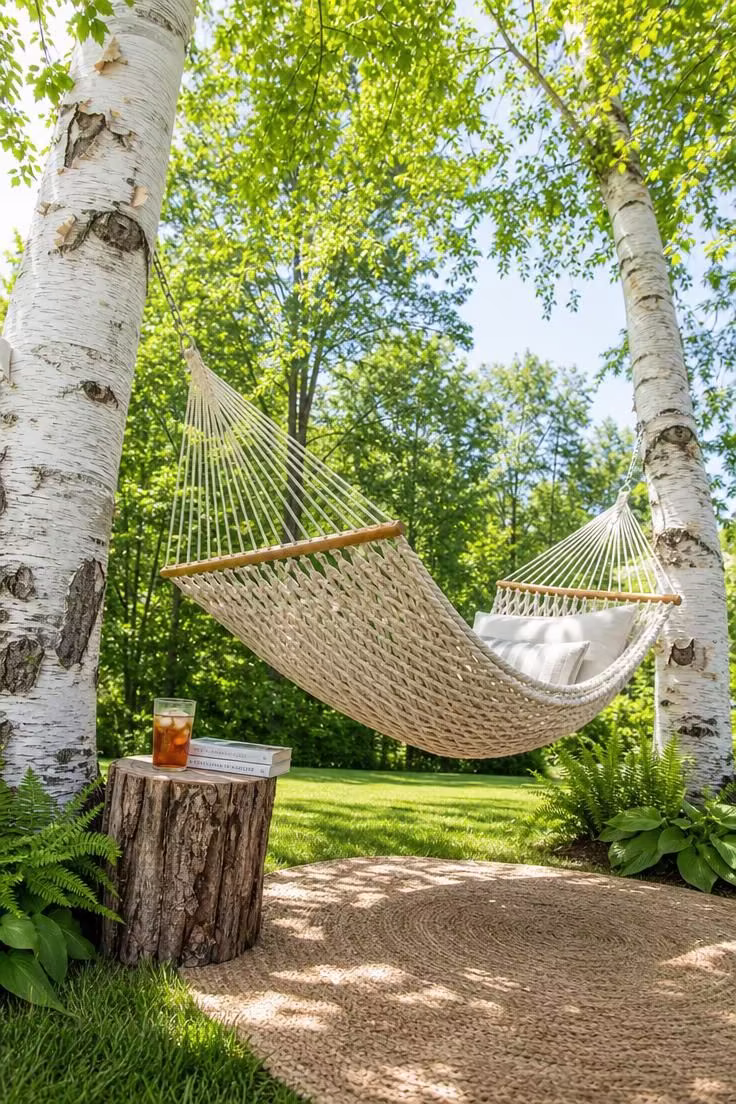 13 Lovely Garden Reading Nook Ideas for Quiet Moments 3 Cotton rope hammock between birch trees with tree stump side table in bright midday light