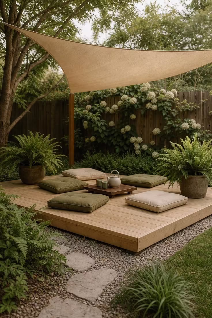 13 Lovely Garden Reading Nook Ideas for Quiet Moments 4 Raised timber platform with olive floor cushions under a shade sail in soft diffused light