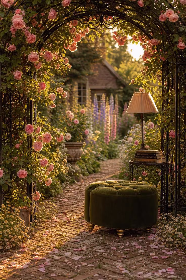 13 Lovely Garden Reading Nook Ideas for Quiet Moments 5 Wrought iron arbor with climbing roses and velvet pouf in warm golden afternoon light