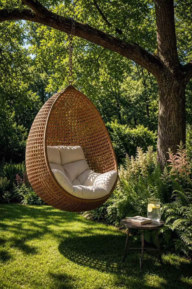 13 Lovely Garden Reading Nook Ideas for Quiet Moments 7 Wicker pod chair hanging from an oak branch with fern border in bright midday light