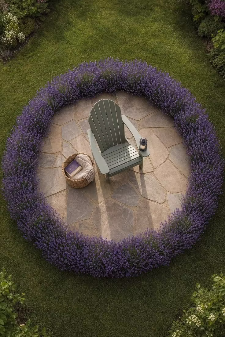 13 Lovely Garden Reading Nook Ideas for Quiet Moments 8 Circular flagstone patio with sage Adirondack chair and lavender border in soft diffused light