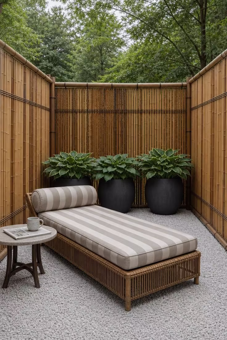 13 Lovely Garden Reading Nook Ideas for Quiet Moments 9 Bamboo screen enclosure with rattan lounger on crushed gravel in cool overcast light