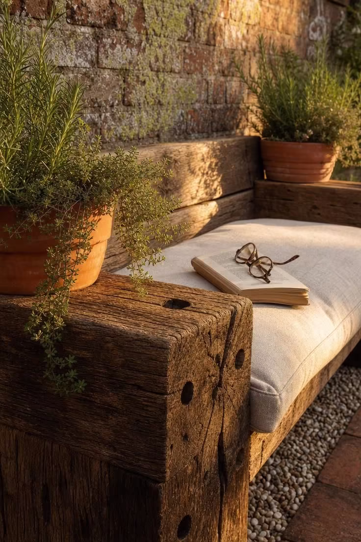 13 Lovely Garden Reading Nook Ideas for Quiet Moments 10 Reclaimed railway sleeper bench with rosemary and thyme planters in warm golden light