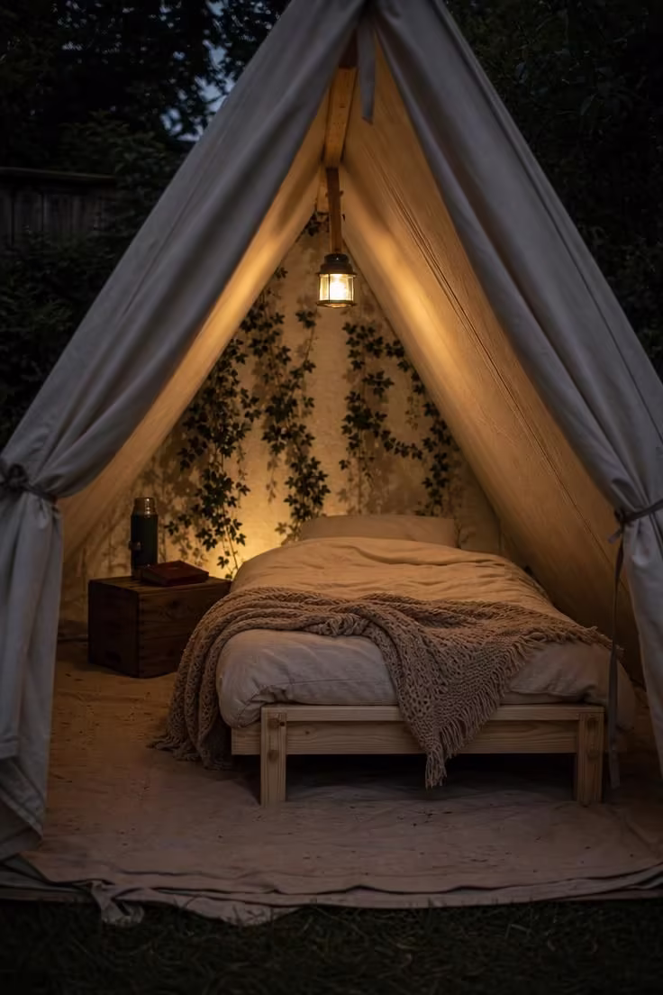 13 Lovely Garden Reading Nook Ideas for Quiet Moments 11 White canvas tent canopy over a low wooden cot frame with lantern in moody low evening light