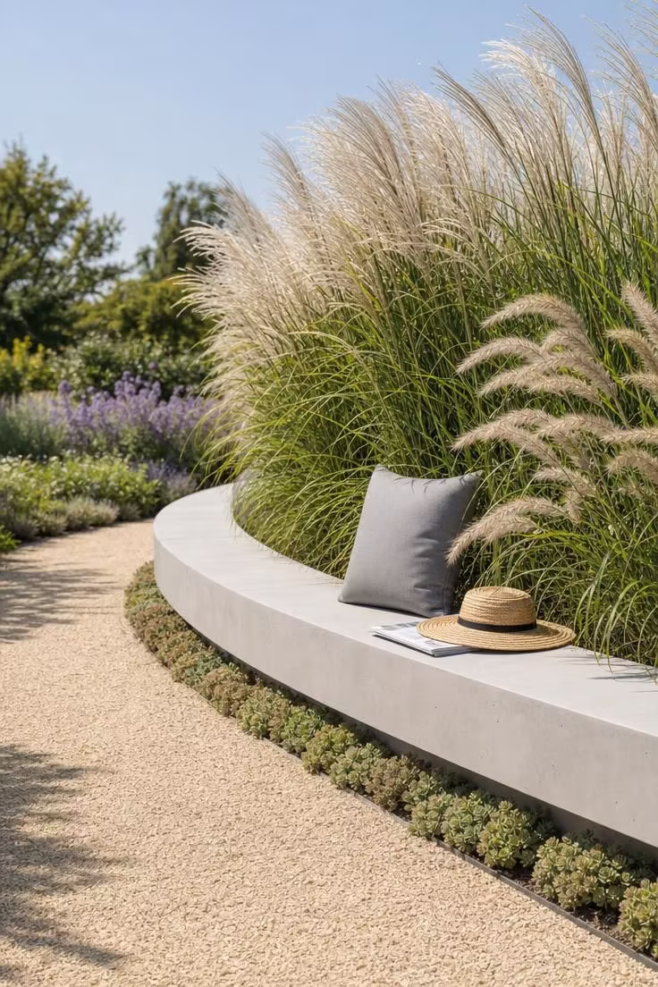 13 Lovely Garden Reading Nook Ideas for Quiet Moments 12 Curved concrete bench along a gravel path with ornamental grasses in bright midday light