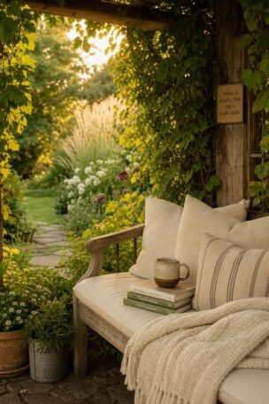 A cozy garden reading nook with cushioned bench under a vine-covered pergola surrounded by lush plants in warm afternoon light