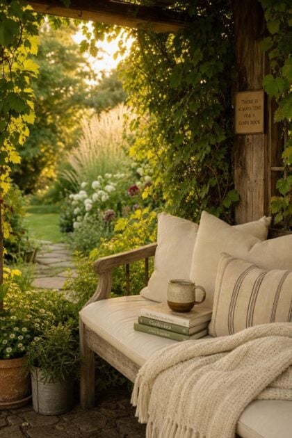 13 Lovely Garden Reading Nook Ideas for Quiet Moments A cozy garden reading nook with cushioned bench under a vine-covered pergola surrounded by lush plants in warm afternoon light