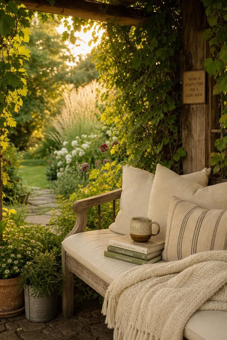 Simple Spaces 18 A cozy garden reading nook with cushioned bench under a vine-covered pergola surrounded by lush plants in warm afternoon light