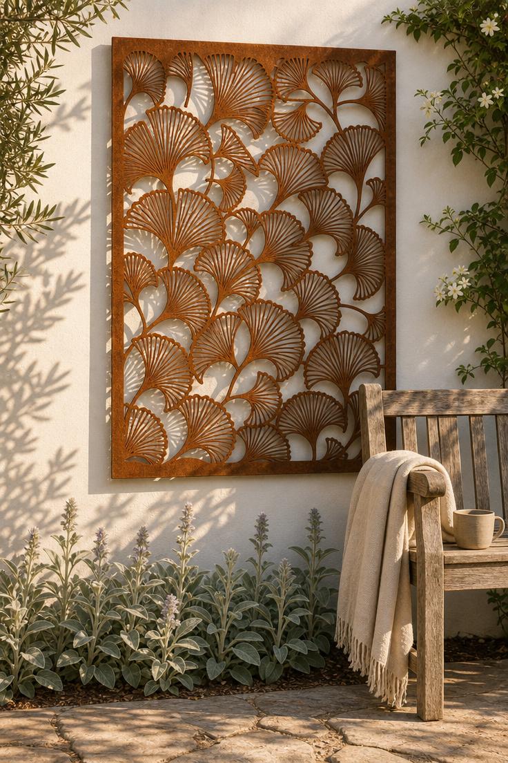 Corten steel leaf panel with rust patina mounted on white stucco garden wall with shadow patterns in golden afternoon light