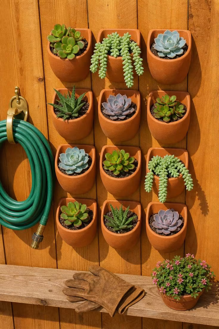 Grid of twelve terracotta pocket planters with assorted succulents mounted on a cedar fence in bright midday sun