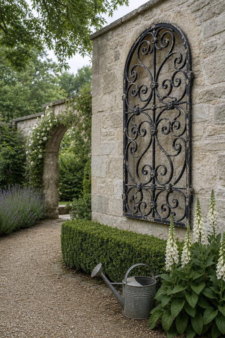 Antique wrought iron window grate with worn black paint mounted on limestone garden wall with boxwood hedge below