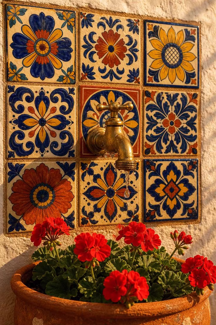 Hand-painted Talavera tile mosaic in blue yellow and red framing a brass garden spigot on a whitewashed adobe wall