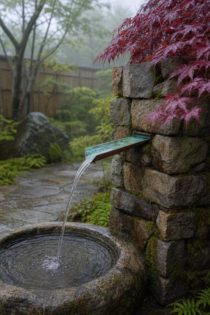 Copper water spout with green verdigris patina on stacked stone column pouring into stone basin on a cool overcast morning