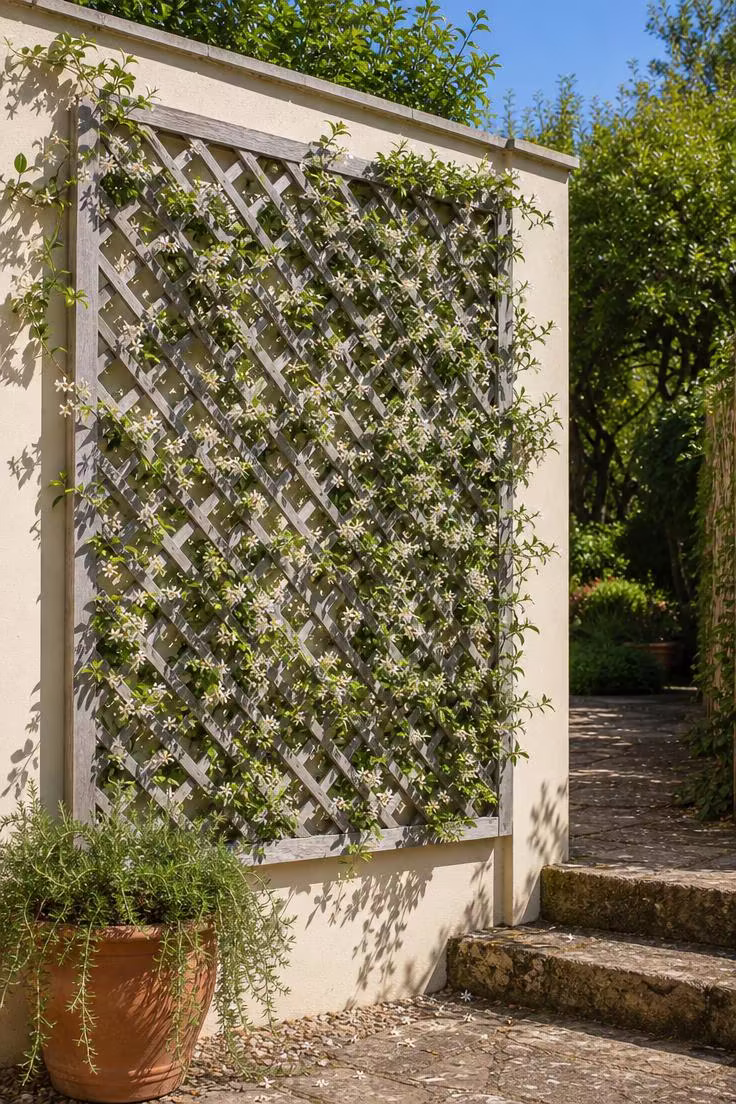 Weathered grey teak lattice panel with star jasmine vines and white flowers on a cream garden wall in bright midday light