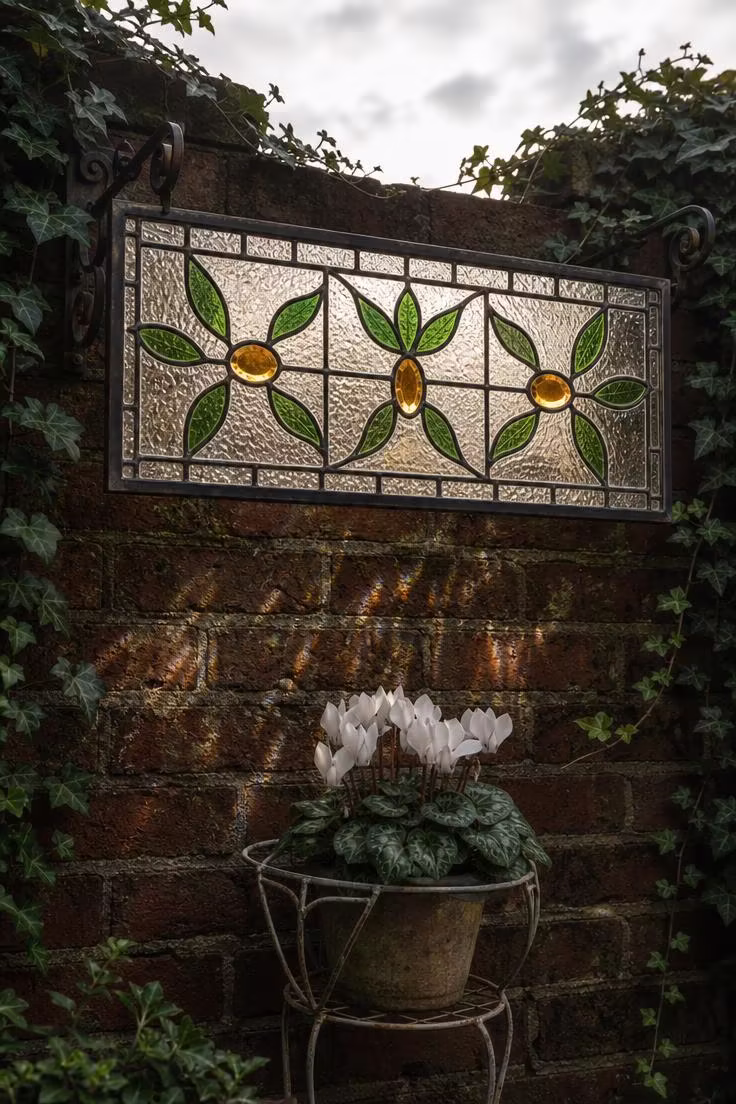 Salvaged stained glass transom with green and amber Arts and Crafts pattern hung on dark red brick garden wall in diffused light