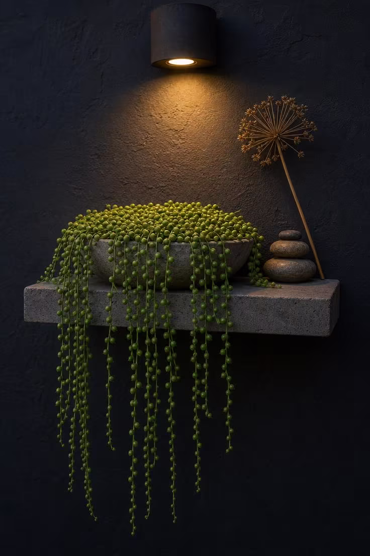 Cast concrete shelf on dark charcoal wall with trailing string of pearls plant lit by a warm wall sconce at dusk