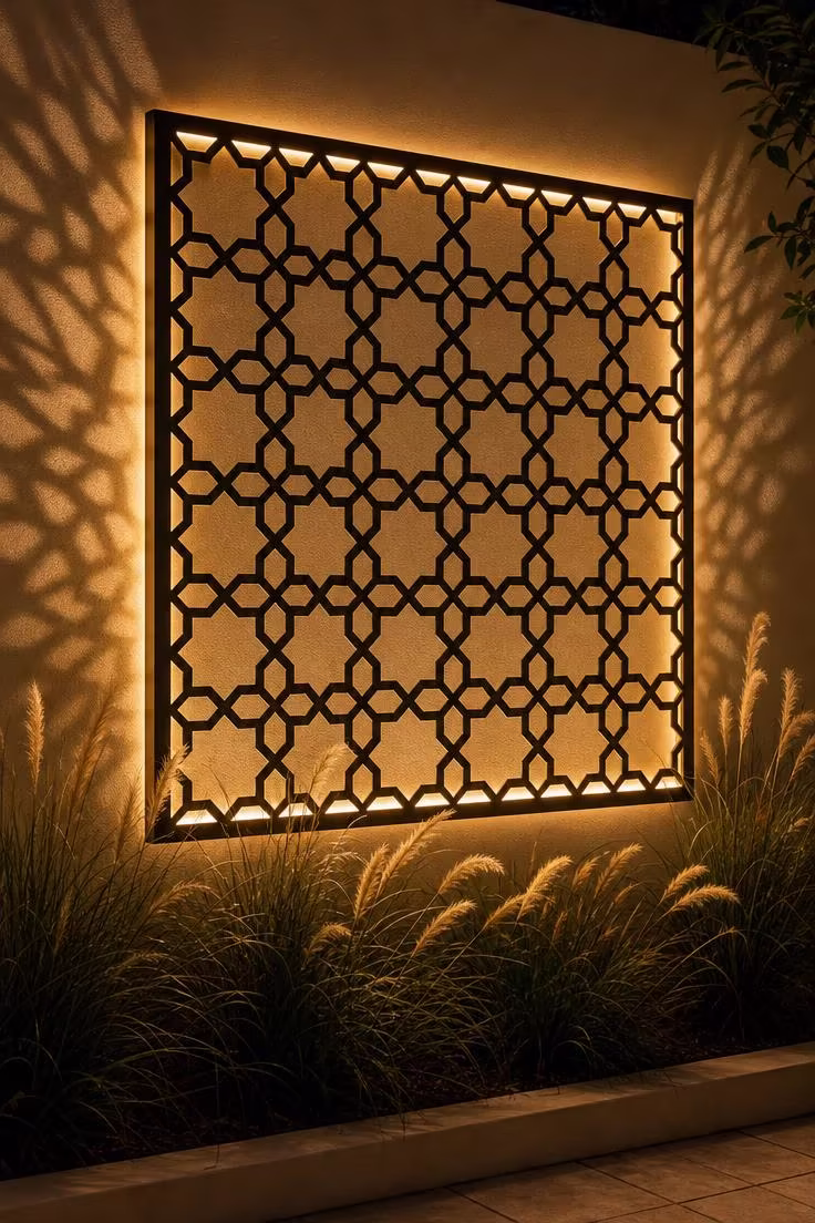 Laser-cut aluminum geometric screen in matte black with LED backlighting casting star-pattern shadows on a sand-colored wall at night