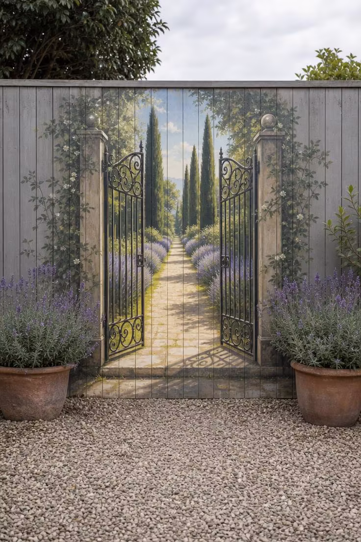 Trompe l'oeil mural of an open garden gate and cypress-lined path painted on a flat timber fence with real lavender pots alongside