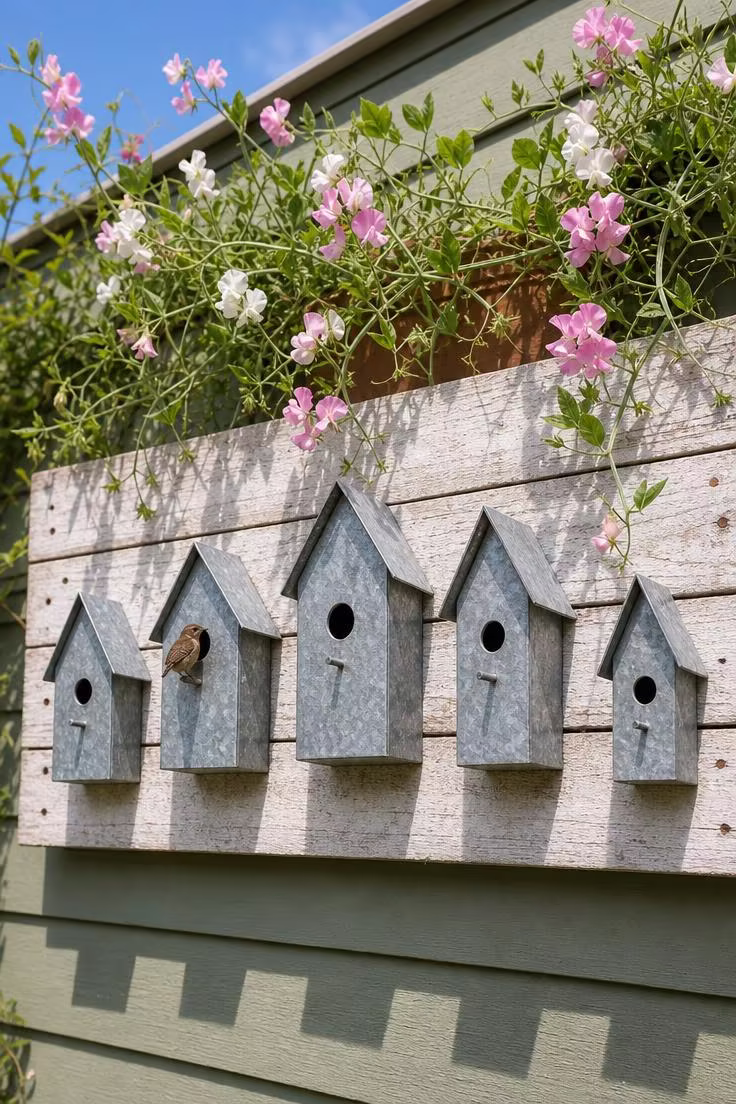 Row of five galvanized steel birdhouses on a whitewashed pallet board mounted on a sage green garden wall in bright midday sun