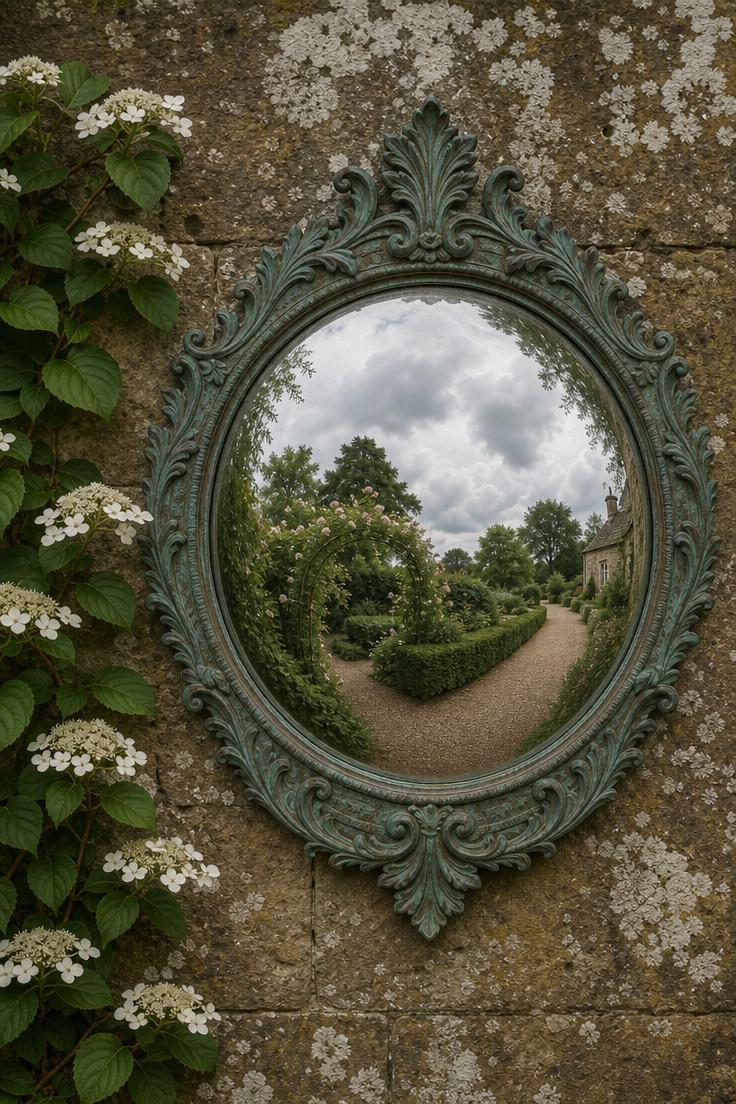 Round convex garden mirror in verdigris bronze frame on a lichen-covered sandstone wall reflecting a garden path and hedges in soft diffused light