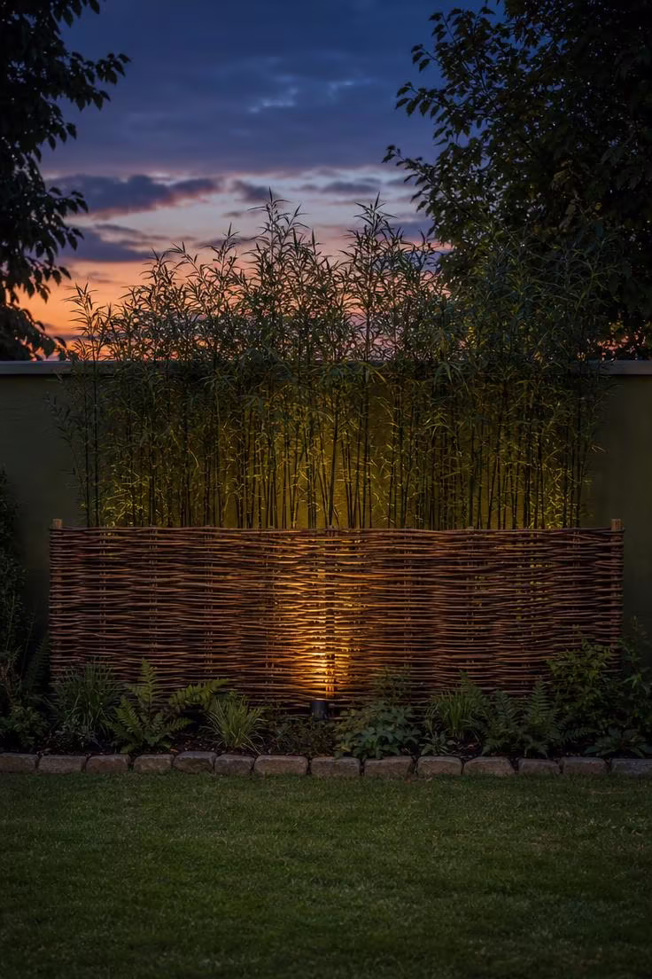 Woven willow hurdle panel against an olive green wall with dwarf black bamboo rising behind it lit by a solar stake light at dusk