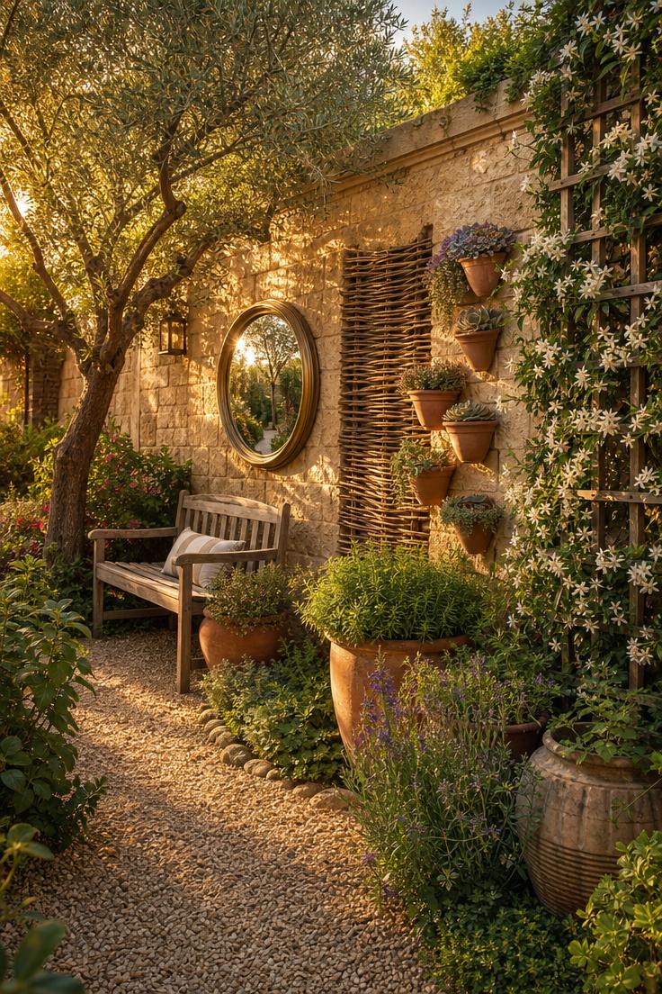 Simple Spaces 14 A lush garden courtyard at golden hour with sandstone walls decorated by willow hurdle panels, succulent planters, a convex bronze mirror, and star jasmine on a