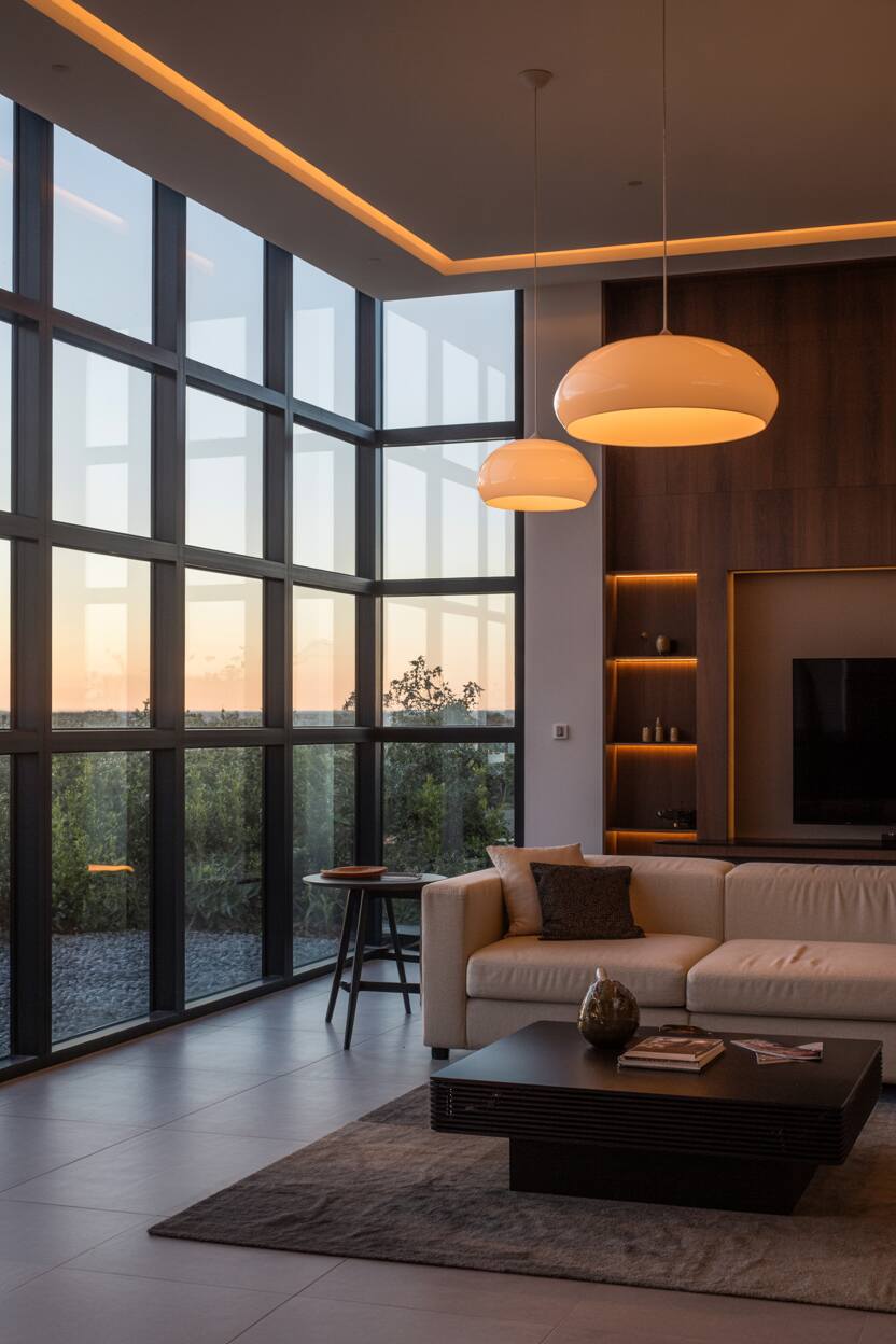 What is Modern Style Interior Design? Discover Its Benefits 5 Modern living area showing interplay between natural light from large windows and thoughtful artificial lighting.