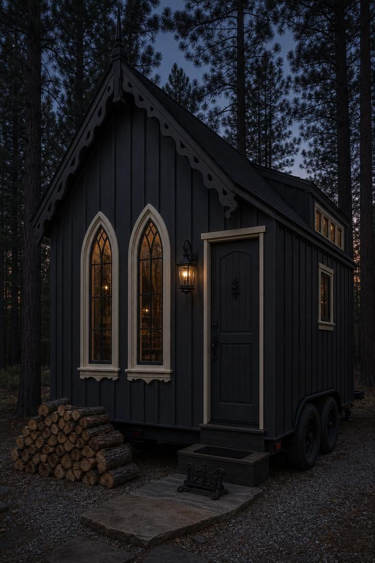 Charcoal board and batten tiny house with cream lancet window trim parked among pine trees at dusk.