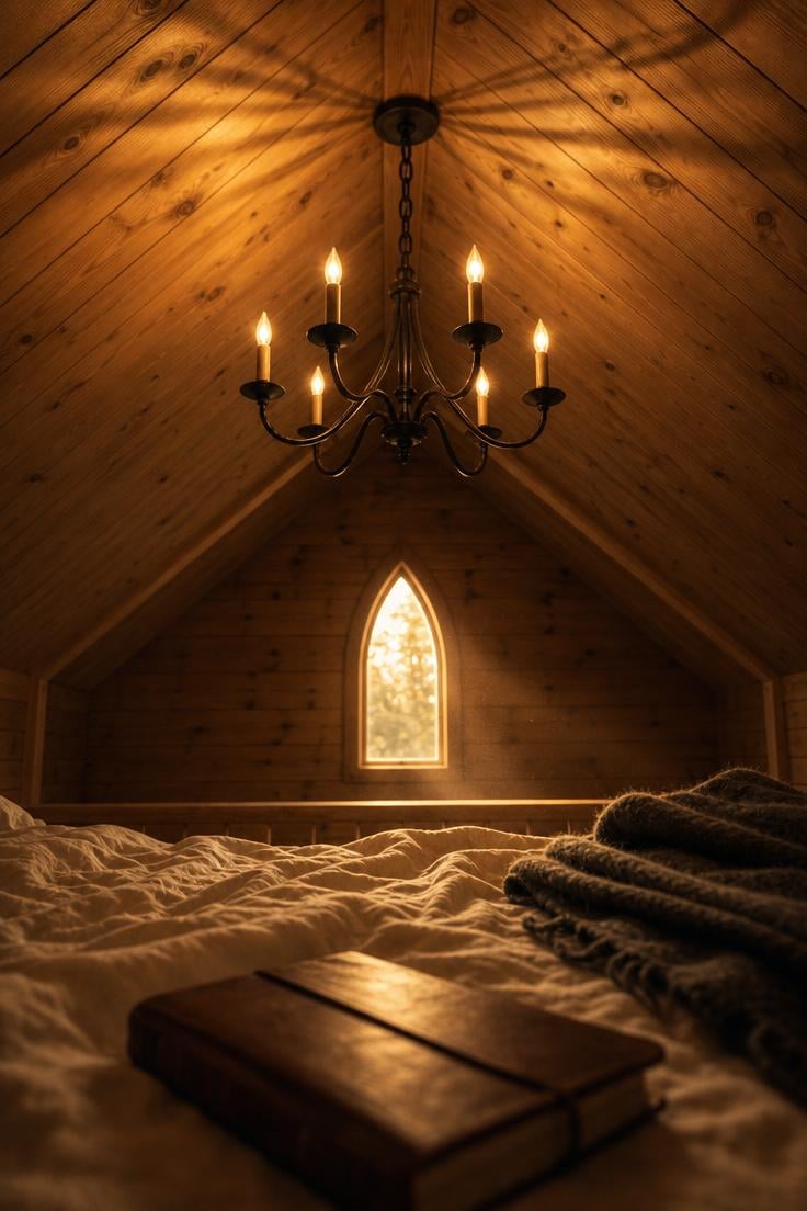 Wrought iron chandelier with candle-style bulbs hanging from a pine ceiling in a warm gothic loft bedroom.