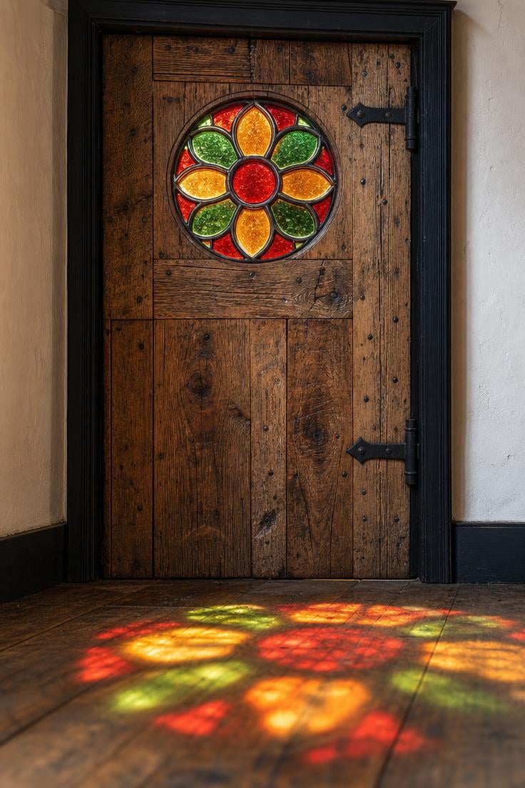 Stained glass rosette panel in a reclaimed oak door casting colored light on pine floorboards at midday.