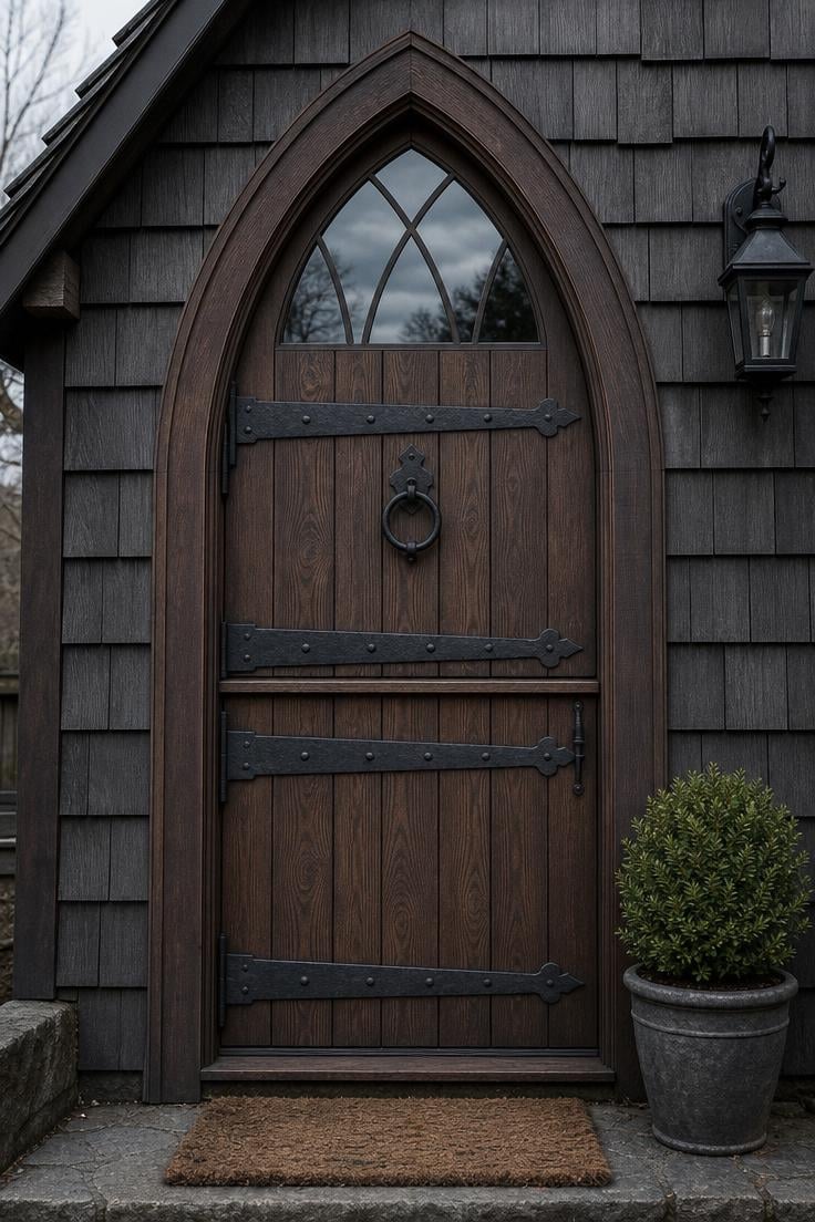 Black steel strap hinges on a dark walnut Dutch door set into a pointed arch frame on a gothic tiny house.