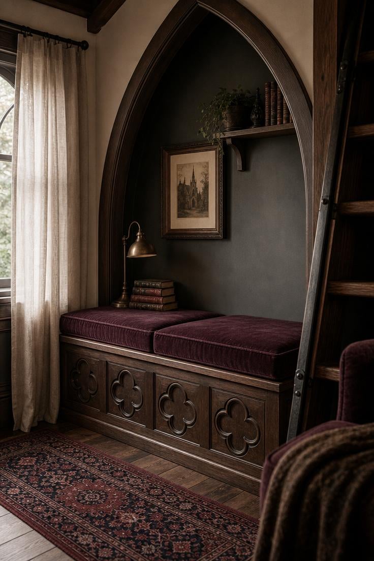 Deep plum velvet cushions on a carved walnut storage bench set beneath a pointed arch alcove in a gothic tiny house.