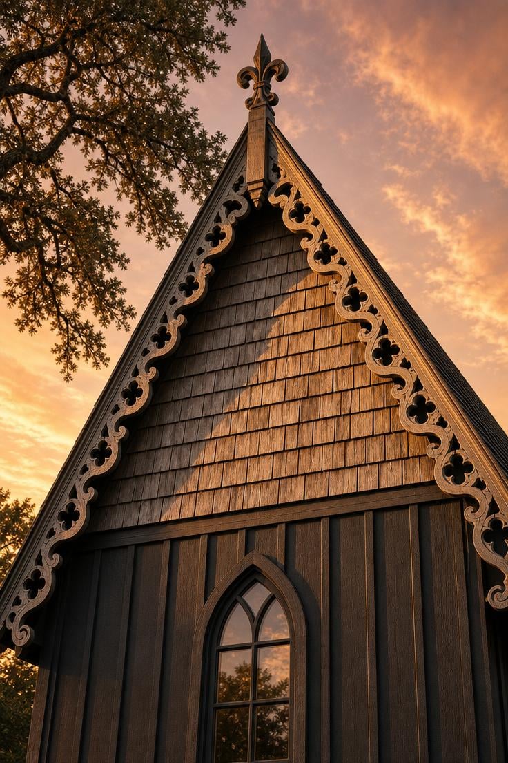 Steep cedar shake gable with scrollwork vergeboard and fleur-de-lis finial on a gothic tiny house at golden hour.