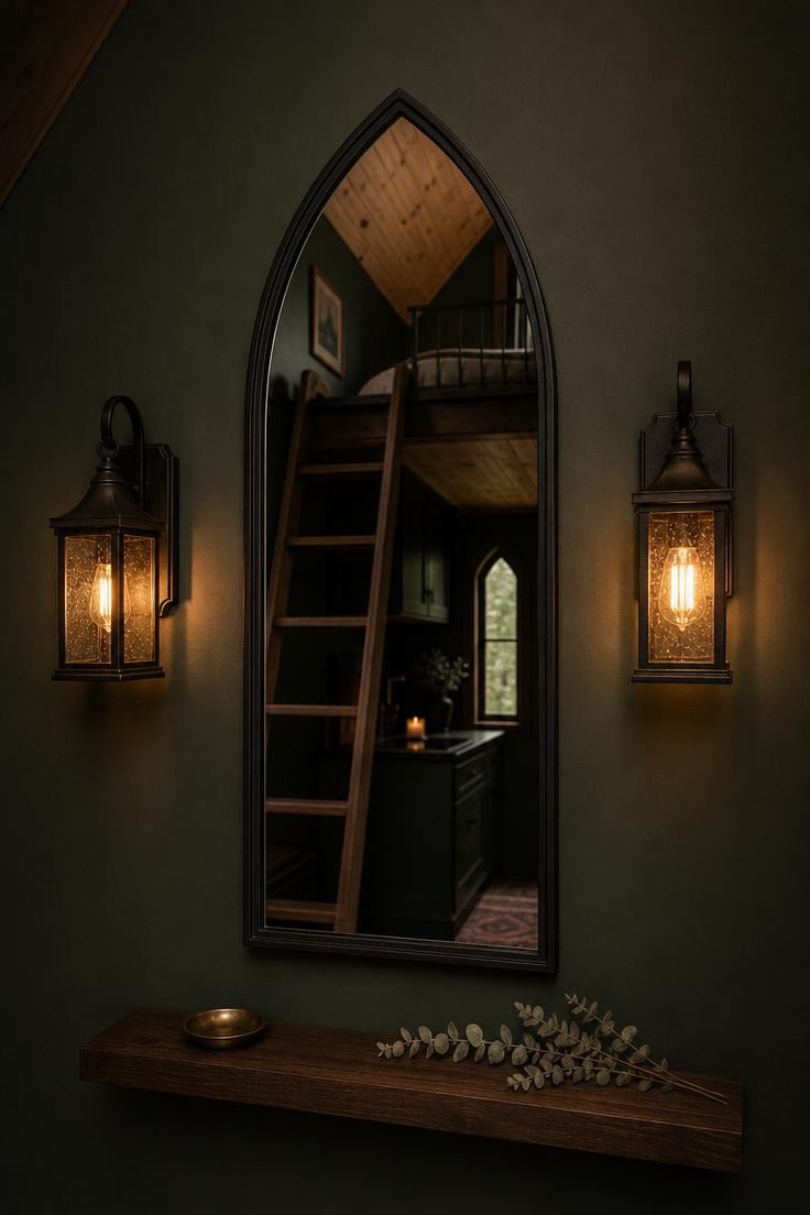 Blackened brass lantern sconces flanking a pointed-arch mirror on a dark forest green wall in a gothic tiny house.