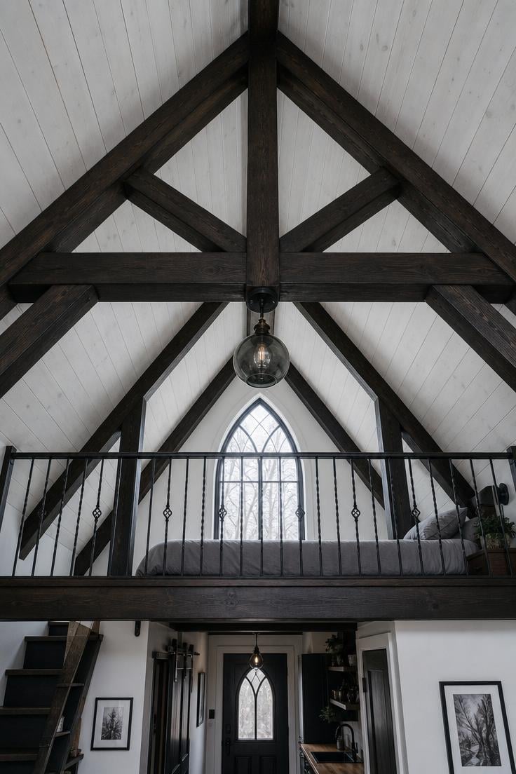 Dark timber king post trusses under a whitewashed cathedral ceiling with pointed arch window in a gothic tiny house loft.