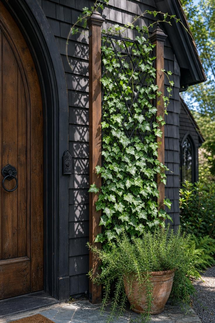 English ivy climbing a wrought iron trellis beside the pointed arch entry of a gothic tiny house in bright midday light.