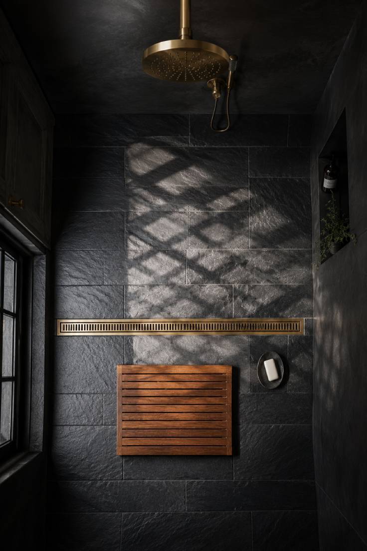 Leaded glass skylight casting diamond-shaped light patterns on dark slate tiles in a gothic tiny house wet room.